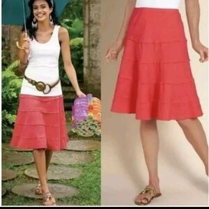Soft Surroundings Petite Pink Coral 100% Linen Tiered Aline Skirt-Size XS